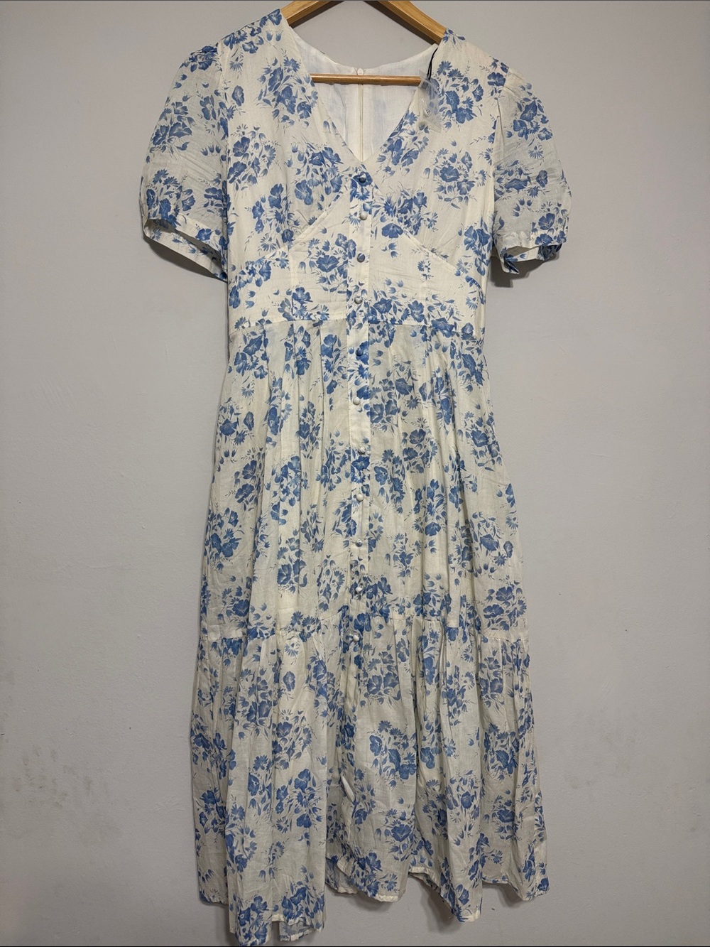 SHEIN Cream Midi Dress with Blue Floral Print